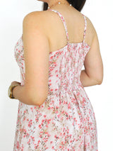 VESTIDO MIDI TIRAS CORSET MULTIAGUJA FLORES ROSAS (OUTLET)