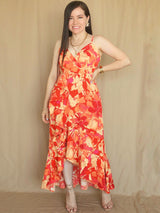 MAXIVESTIDO TIRAS CON VUELO ESPIRAL ESTAMPADO NARANJA