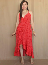 MAXIVESTIDO TIRAS CON VUELO ESPIRAL ESTAMPADO ROJO