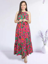 MAXIVESTIDO CUELLO HALTER 2 TIEMPOS ESTAMPADO FUCSIA