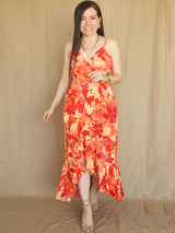 MAXIVESTIDO TIRAS CON VUELO ESPIRAL ESTAMPADO NARANJA