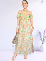MAXIVESTIDO ESCOTE CORAZÓN CON BOBOS ESTAMPADO BEIGE