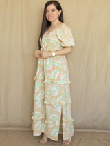 MAXIVESTIDO ESCOTE CORAZÓN CON BOBOS ESTAMPADO BEIGE