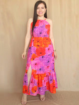 MAXIVESTIDO CUELLO HALTER 2 TIEMPOS ESTAMPADO LILA