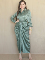 MAXIVESTIDO CAMISERO PLIEGUES EN CADERA VERDE ENTERO