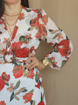 MAXIVESTIDO HEBILLA CON BOBO CENTRAL ESTAMPADO HUESO