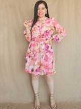 VESTIDO CORTO FULL BOBOS CON PRETINA ESTAMPADO ROSA