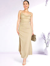 MAXIVESTIDO TIRAS PLIEGUES BEIGE BRILLOS