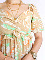 MAXIVESTIDO ESCOTE CORAZÓN CON BOBOS ESTAMPADO BEIGE