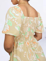 MAXIVESTIDO ESCOTE CORAZÓN CON BOBOS ESTAMPADO BEIGE