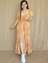 MAXIVESTIDO ESCOTE CORAZÓN ESTAMPADO NARANJA