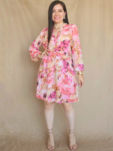 VESTIDO CORTO FULL BOBOS CON PRETINA ESTAMPADO ROSA