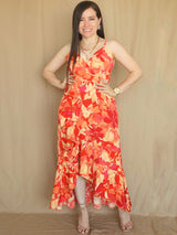 MAXIVESTIDO TIRAS CON VUELO ESPIRAL ESTAMPADO NARANJA