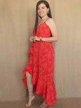 MAXIVESTIDO TIRAS CON VUELO ESPIRAL ESTAMPADO ROJO