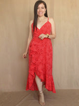 MAXIVESTIDO TIRAS CON VUELO ESPIRAL ESTAMPADO ROJO