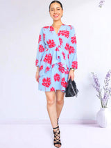 VESTIDO CORTO CAPAS CRUZADAS ESTAMPADO CELESTE