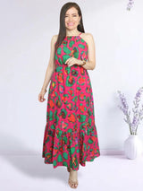 MAXIVESTIDO CUELLO HALTER 2 TIEMPOS ESTAMPADO FUCSIA