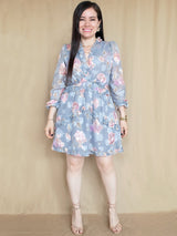 VESTIDO CORTO FULL BOBOS CON PRETINA ESTAMPADO PLOMO