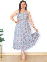 VESTIDO MIDI TIRAS CORSET MULTIAGUJA CELESTE ACERO