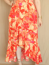 MAXIVESTIDO TIRAS CON VUELO ESPIRAL ESTAMPADO NARANJA