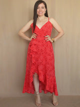 MAXIVESTIDO TIRAS CON VUELO ESPIRAL ESTAMPADO ROJO