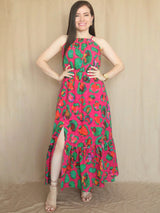 MAXIVESTIDO CUELLO HALTER 2 TIEMPOS ESTAMPADO FUCSIA