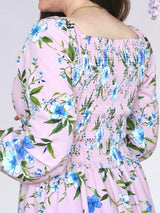 VESTIDO CORTO BUSTO RECOGIDO ESTAMPADO ROSA