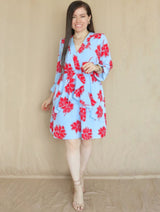 VESTIDO CORTO CAPAS CRUZADAS ESTAMPADO CELESTE