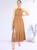 MAXIVESTIDO CUELLO HALTER 2 TIEMPOS CAMEL ENTERO