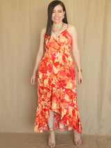 MAXIVESTIDO TIRAS CON VUELO ESPIRAL ESTAMPADO NARANJA