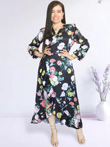 MAXIVESTIDO ENVOLVENTE CON VUELOS ESTAMPADO NEGRO