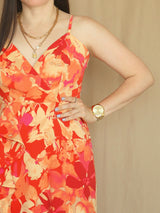 MAXIVESTIDO TIRAS CON VUELO ESPIRAL ESTAMPADO NARANJA