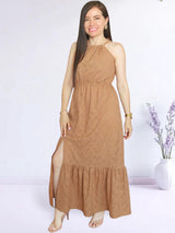 MAXIVESTIDO CUELLO HALTER 2 TIEMPOS CAMEL ENTERO