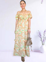 MAXIVESTIDO ESCOTE CORAZÓN CON BOBOS ESTAMPADO BEIGE