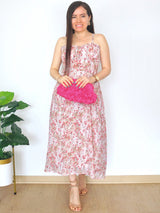 VESTIDO MIDI TIRAS CORSET MULTIAGUJA FLORES ROSAS (OUTLET)