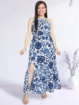 MAXIVESTIDO CUELLO HALTER 2 TIEMPOS ESTAMPADO HUESO