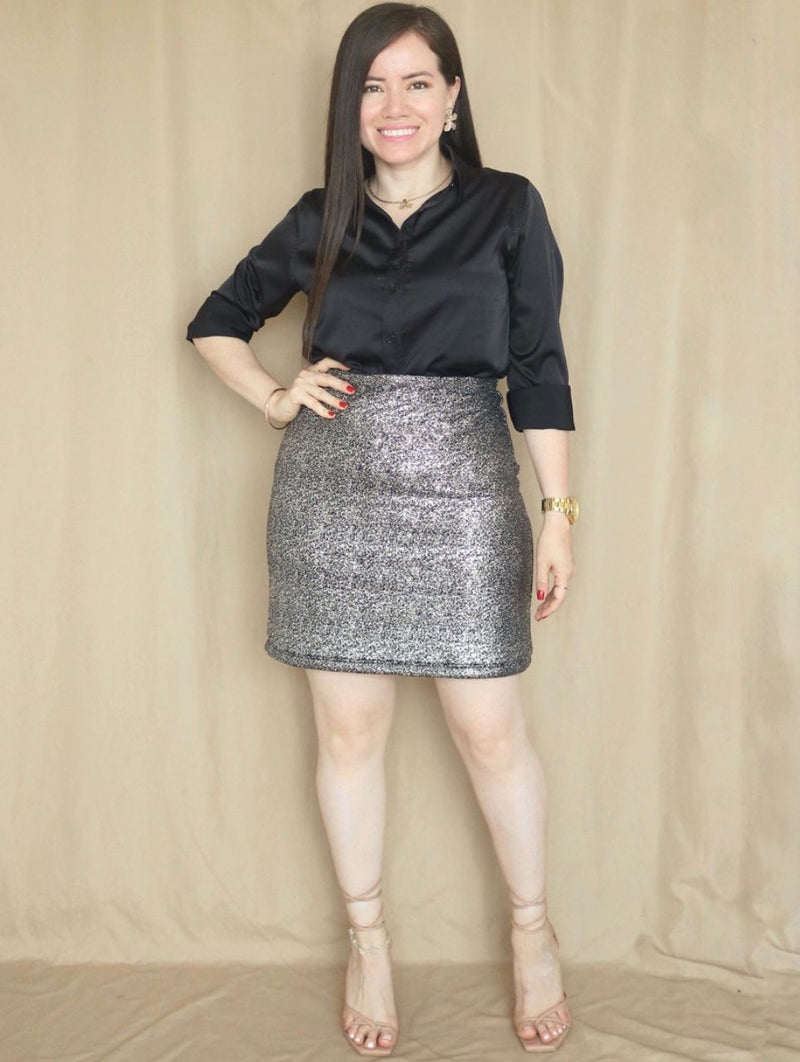 FALDA CORTA BRILLOS NEGRO PLATA