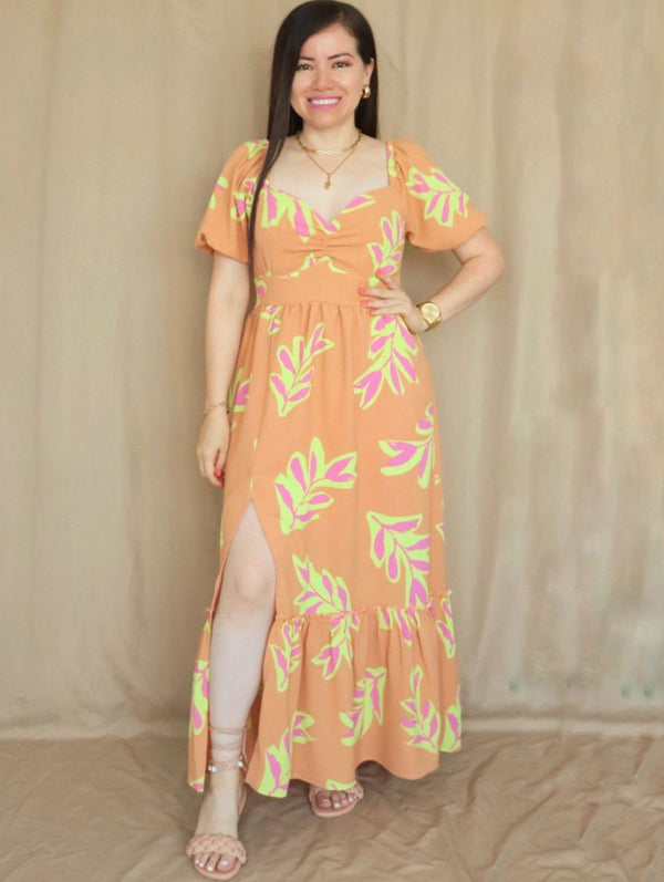 MAXIVESTIDO ESCOTE CORAZÓN ESTAMPADO NARANJA