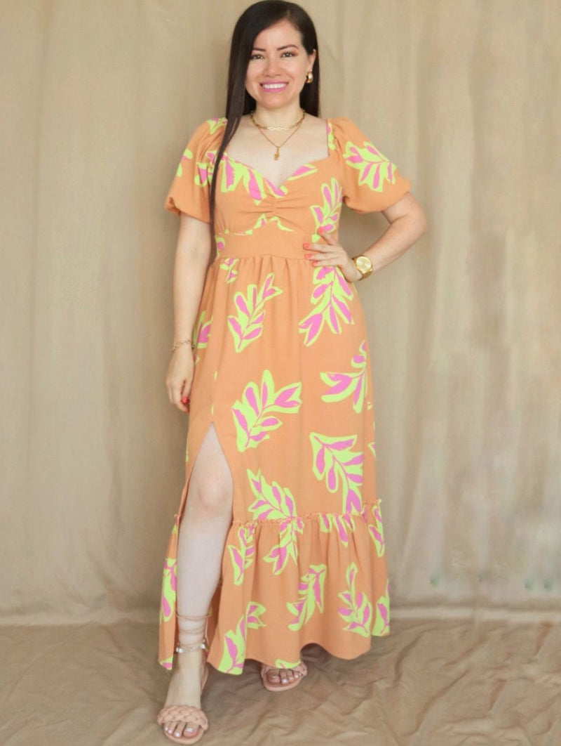 MAXIVESTIDO ESCOTE CORAZÓN ESTAMPADO NARANJA
