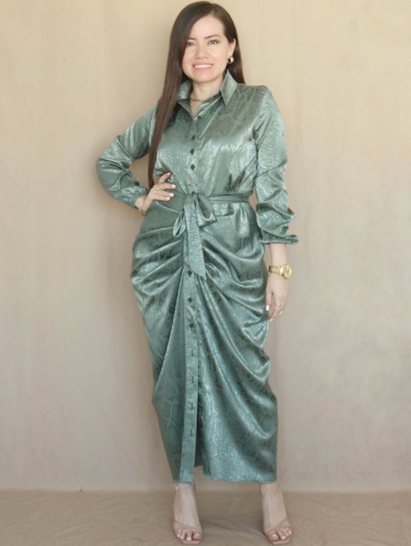 MAXIVESTIDO CAMISERO PLIEGUES EN CADERA VERDE ENTERO