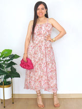 VESTIDO MIDI TIRAS CORSET MULTIAGUJA FLORES ROSAS (OUTLET)