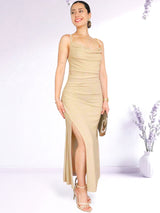 MAXIVESTIDO TIRAS PLIEGUES BEIGE BRILLOS