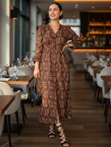 MAXIVESTIDO CAMISERO CON PRETINA ESTAMPADO CHOCOLATE