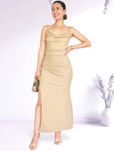 MAXIVESTIDO TIRAS PLIEGUES BEIGE BRILLOS