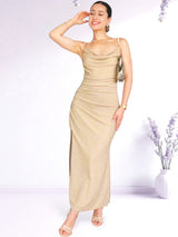 MAXIVESTIDO TIRAS PLIEGUES BEIGE BRILLOS