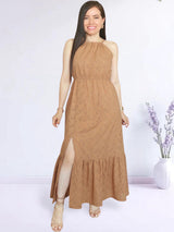 MAXIVESTIDO CUELLO HALTER 2 TIEMPOS CAMEL ENTERO