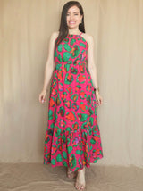 MAXIVESTIDO CUELLO HALTER 2 TIEMPOS ESTAMPADO FUCSIA