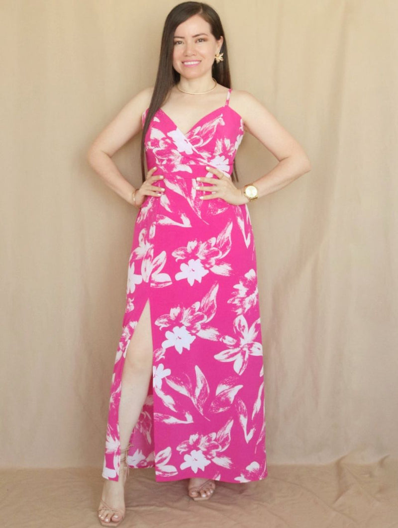 MAXIVESTIDO TIRAS CON PRETINA ESTAMPADO FUCSIA