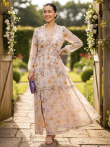 MAXIVESTIDO FULL BOBOS CON PRETINA FLORES BEIGE