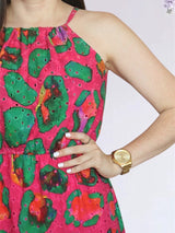 MAXIVESTIDO CUELLO HALTER 2 TIEMPOS ESTAMPADO FUCSIA